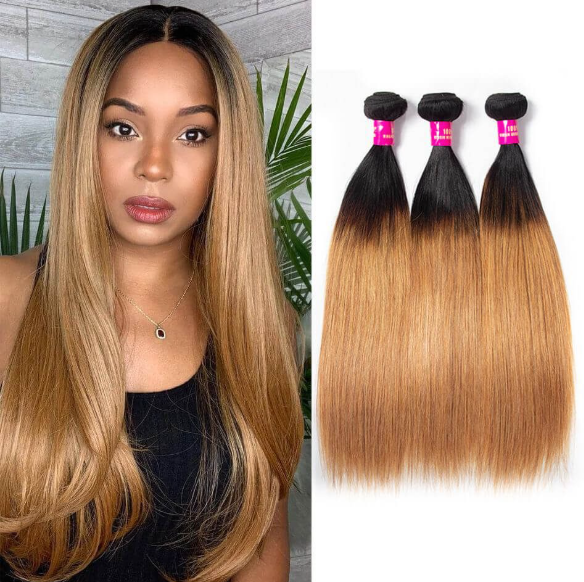 Brazilian Straight Hair With Closure 1B/27 Blonde Ombre Color