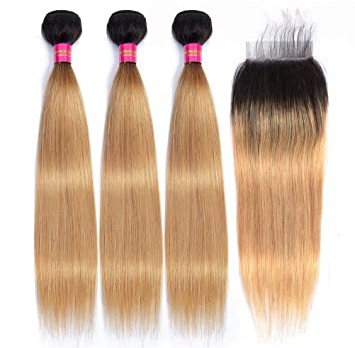 Brazilian Straight Hair With Closure 1B/27 Blonde Ombre Color
