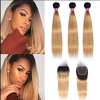 Brazilian Straight Hair With Closure 1B/27 Blonde Ombre Color